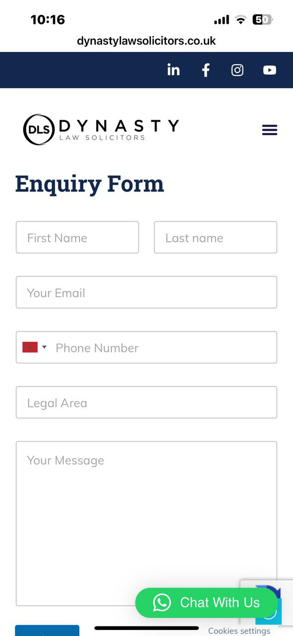 Dynasty Law enquiry form on mobile