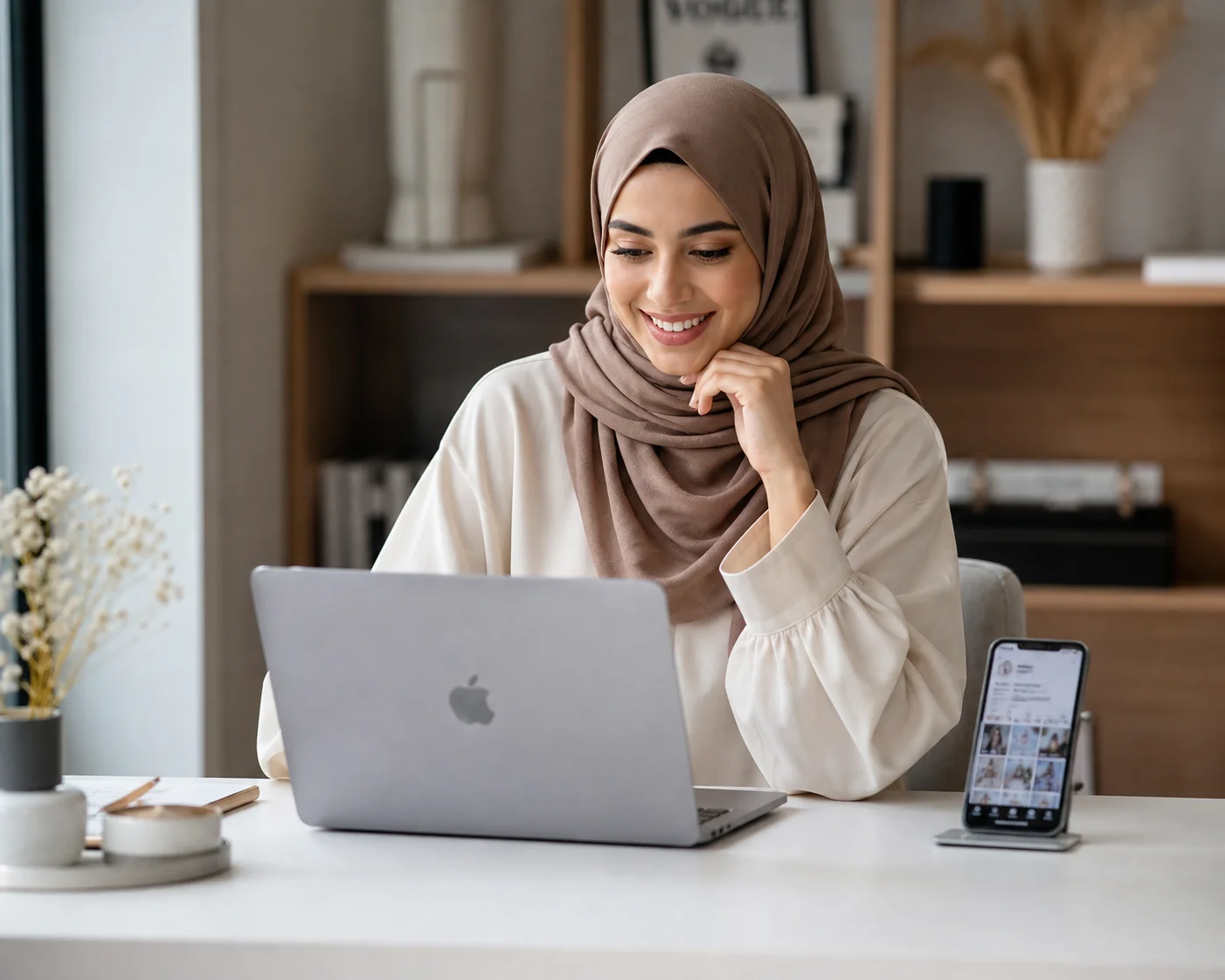 Muslim woman in hijab reviewing social media analytics on a laptop